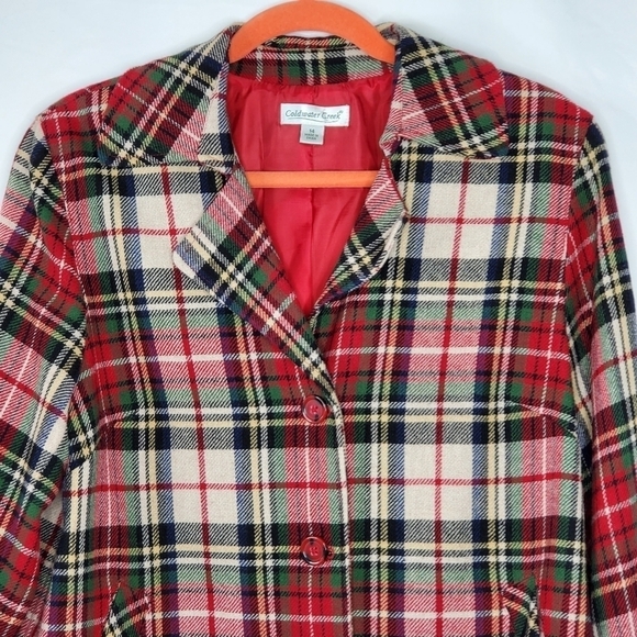 Wool Blend Plaid Jacket Size 14 Lined Cropped Tartan Blazer Festive Academia - Picture 2 of 15
